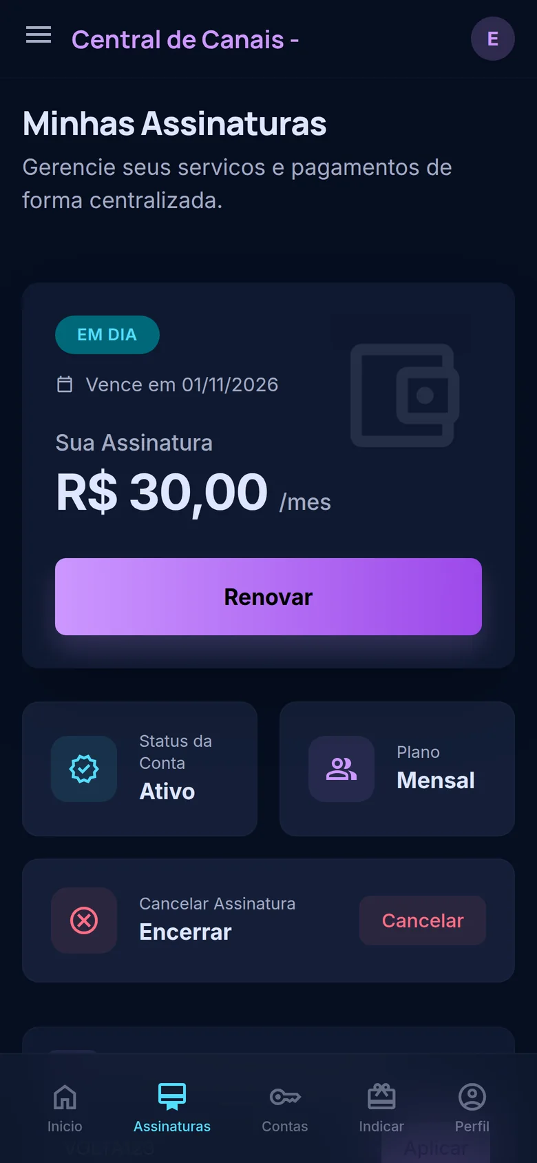 Tela Minhas Assinaturas no celular, com botões Renovar e Cancelar