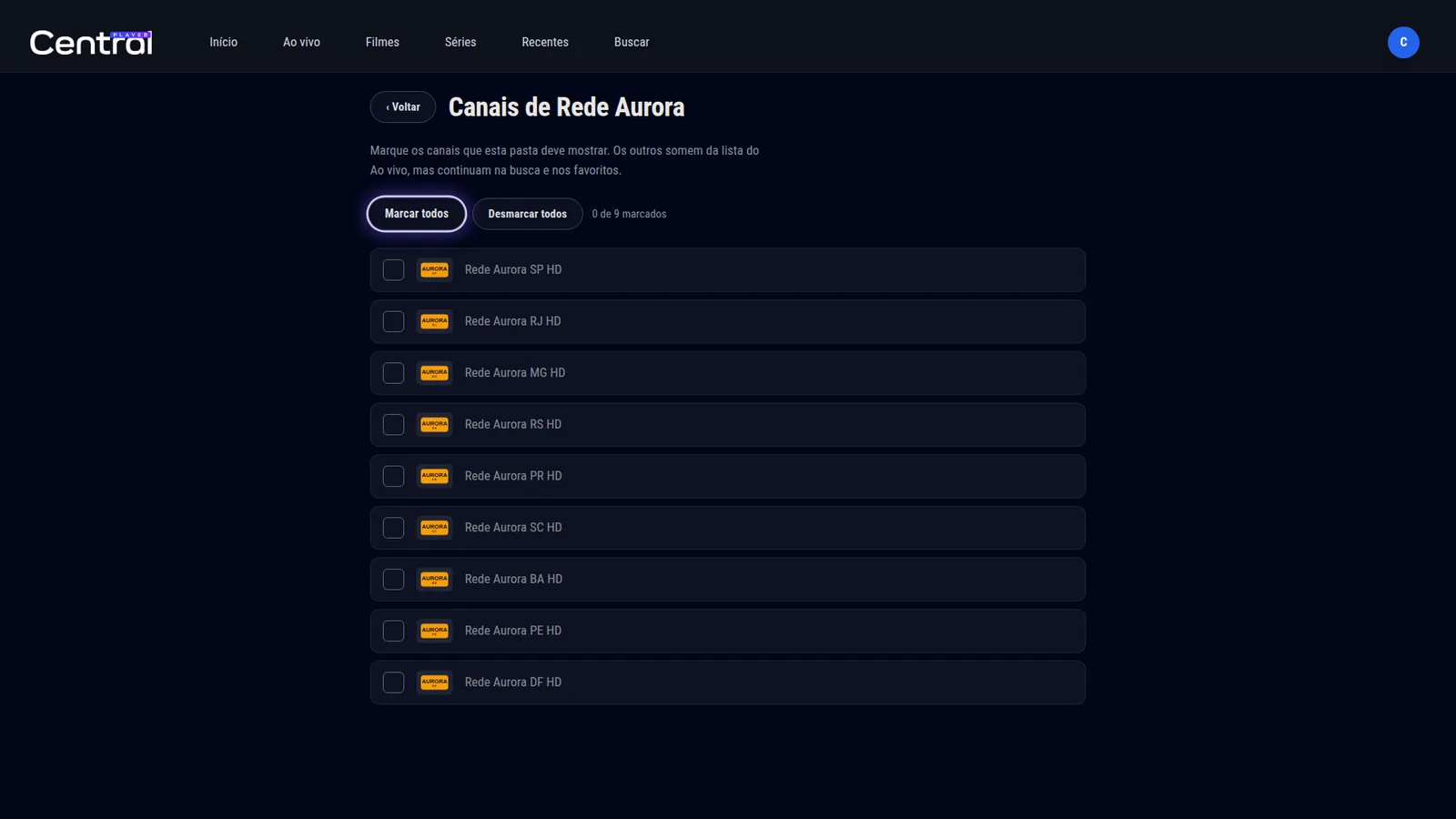 Lista do mesmo canal em vários estados, com caixas para escolher quais mostrar