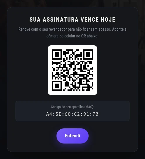 Aviso de assinatura vencendo hoje com QR code para renovar pelo celular