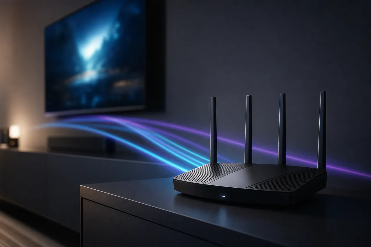 Roteador Wi-Fi conectado a uma Smart TV em ambiente moderno